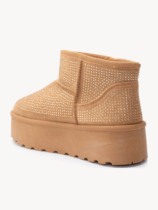 Tabac Braun Damen Stiefeletten mit Pelz Dekorative Strass