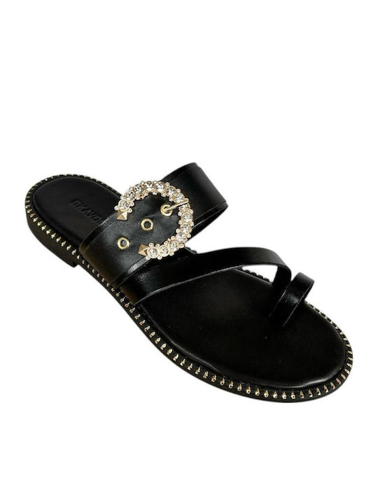 Leather Women's Flat Sandals in Black Color