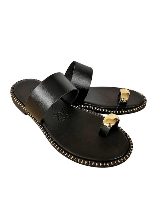 Leather Women's Flat Sandals in Black Color