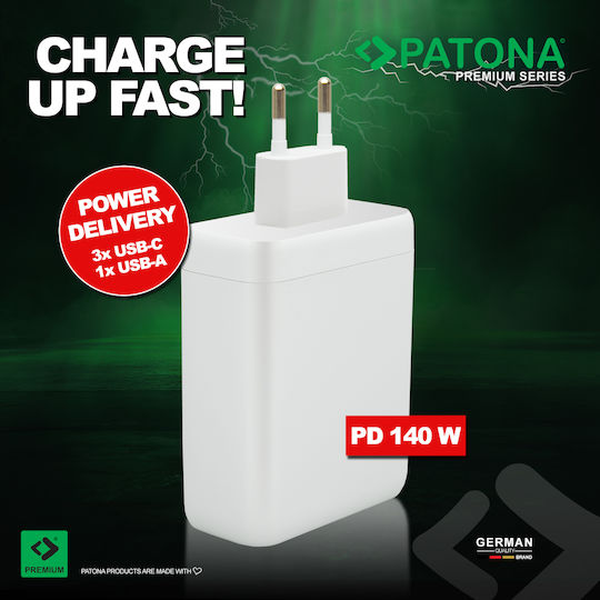 Patona Charger Without Cable GaN with USB-A Port and 3 USB-C Ports 30W Power Delivery / Quick Charge 3.0 Whites (2648)