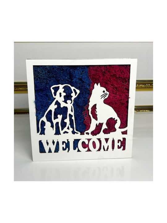 Decorative Welcome Painting Stabilized Moss Animal Silhouettes 20x20 Cm Blue – Fuchsia