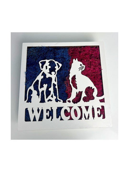 Pictură Decorativă De Bun Venit Mușchi Stabilizat Siluete De Animale 20x20 Cm Albăstru – Fucsia