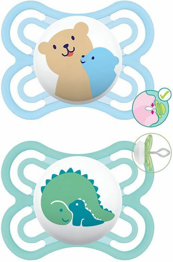Mam Orthodontische Schnuller Silikon mit Etui Teddybär - Dinosaurier - Hellblau - Grün für 2-6 Monate 2Stück