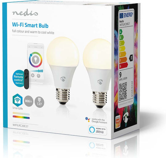 Nedis Комплект 2 Свързани Крушки Wi-fi Led RGB 9W 806lm E27 От Пластмаса Бял