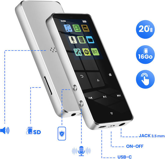 Avizar Talking Mp3 Player 16 Gb Music Videos Bluetooth 20 Hours Battery Life Silver