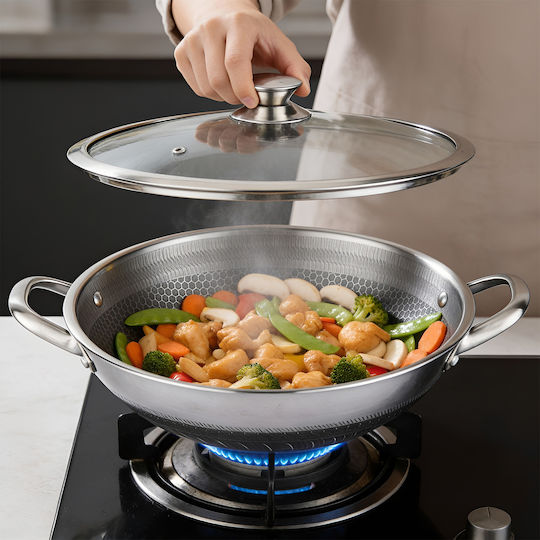 Cheffinger 36cm Wok Honeycomb Coating Scratch-resistant Lid Silver
