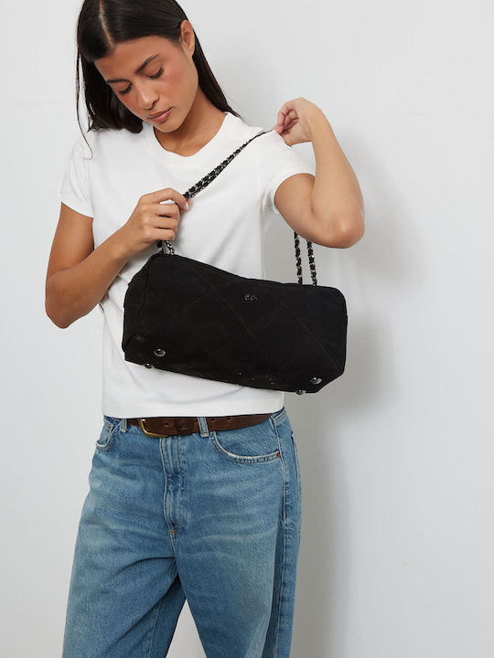 Chain Silhouette Women's Shoulder Bag Suede Black