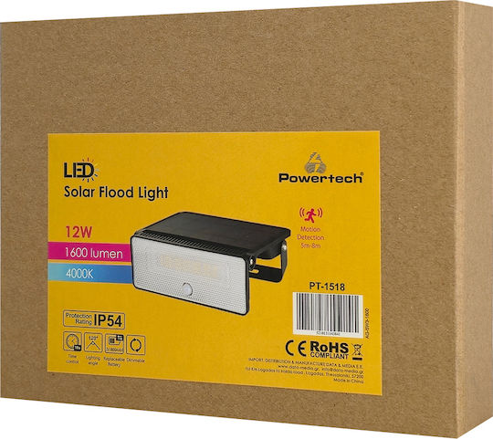 Powertech Solar Light 12W 1600lm Natural White 4000K with Motion Sensor and Photocell IP54 18.36cmx13.9cmcm