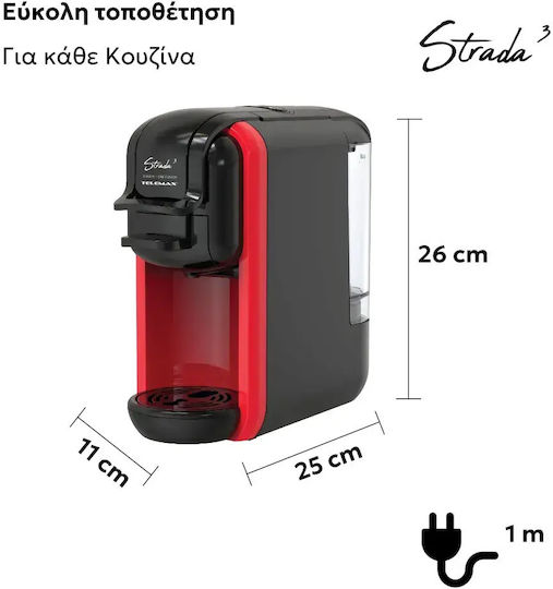 Telemax Strada 3 Pod Coffee Machine Nespresso Pressure 19bar Red