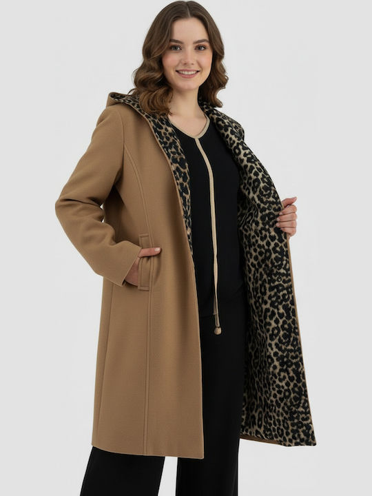 Femeie Leopard Camel Palton cu Glugă