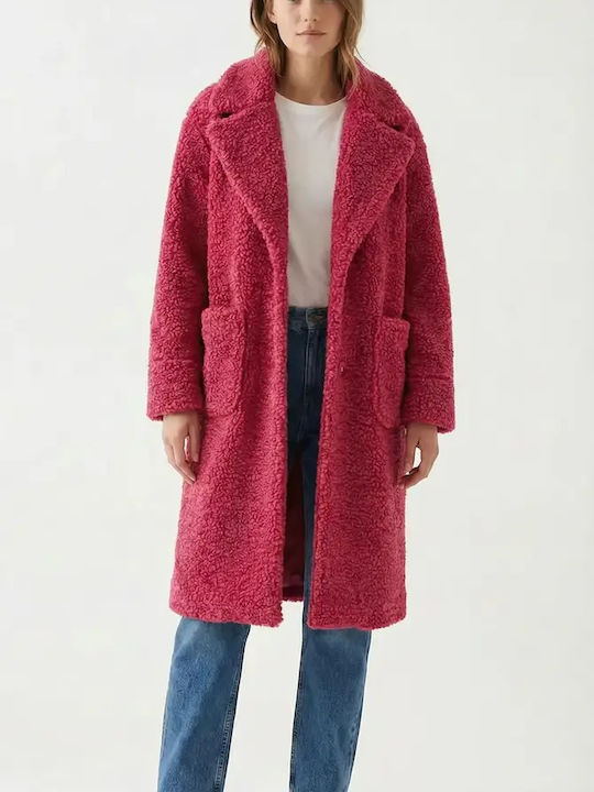 Sherpa Damen Magenta Mantel Teddy mit Fellbesatz