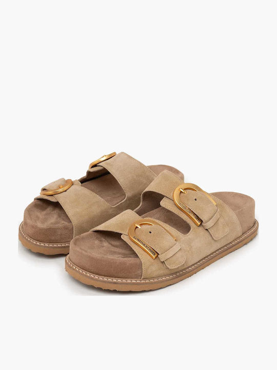 Δερμάτινα Γυναικεία Σανδάλια Flatforms Μπεζ