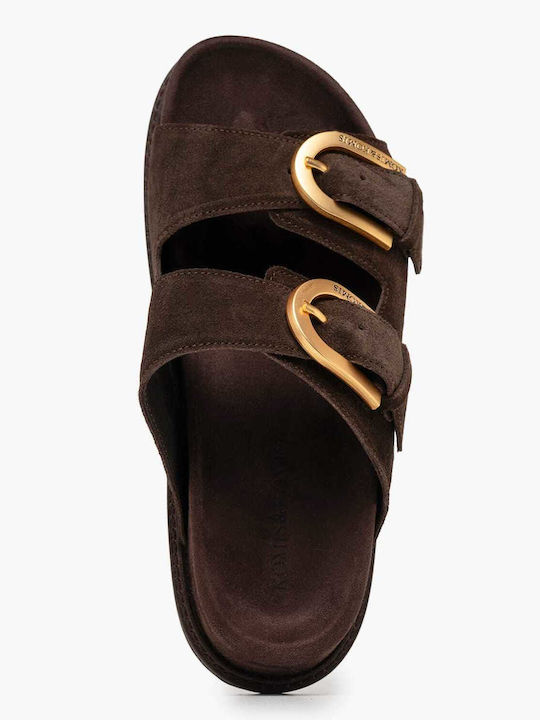 Δερμάτινα Γυναικεία Σανδάλια Flatforms Καφέ
