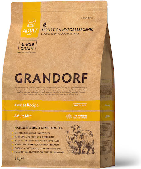 Grandorf Holistic & Hypoallergenic 3kg Dry Food Gluten-Free for Adult Small Breed Dogs with Turkey, Lamb, Duck and Rabbit