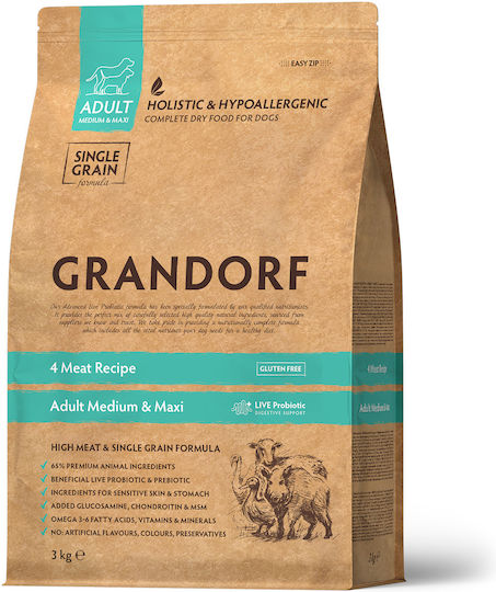 Grandorf Holistic & Hypoallergenic 1kg Ξηρά Τροφή χωρίς Γλουτένη για Ενήλικους Σκύλους Μεσαίων & Μεγαλόσωμων Φυλών με Γαλοπούλα, Αρνί, Πάπια και Κουνέλι