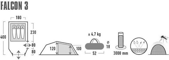 High Peak Falcon 3 Σκηνή Camping Τούνελ Ορειβασίας Πράσινη 4 Εποχών για 3 Άτομα Αδιάβροχη 3000mm 400x200x130εκ.