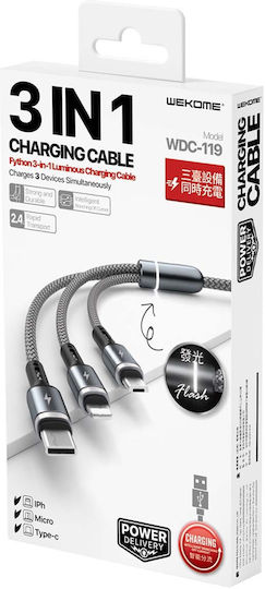 WK Series Braided Cablu USB la Lightning / Type-C / micro USB cu mai multe porturi 2.4A Gri 1.2m (WK-WDC-119_SILVER)