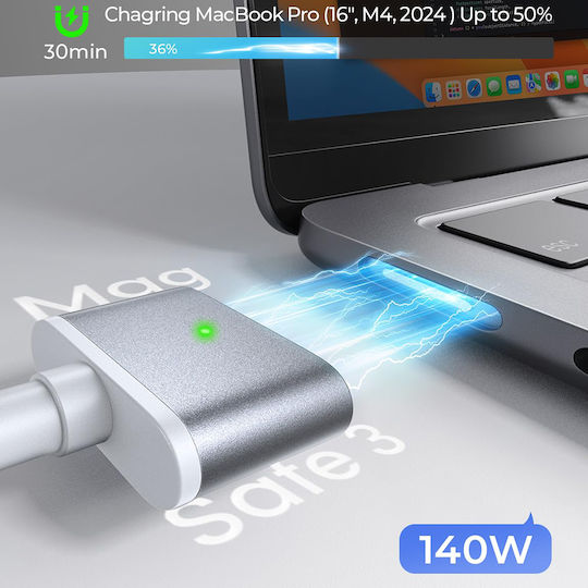 Lisen Braided USB 2.0 Cable USB-C male - Magsafe 3 140W Gray 2m