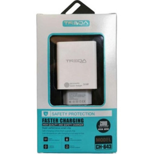 Treqa Ladegerät mit USB-A Anschluss und USB-C Anschluss und Kabel USB-C 20W Stromlieferung Weißs (CH-643)