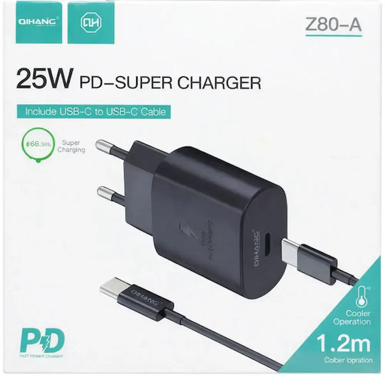 QIHANG Φορτιστής με Θύρα USB-C και Καλώδιο USB-C - USB-C 25W Power Delivery Μαύρος (Z80-A)