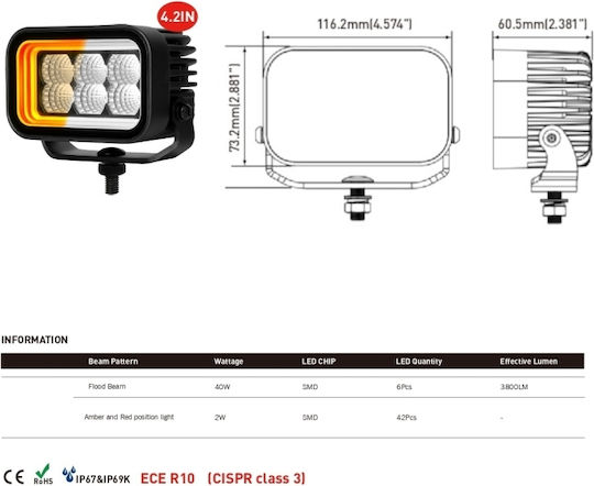 Scheinwerfer Auto in Balkenform LED 10 - 30V 42W 11.62cm mit Weiß Beleuchtung 1Stück