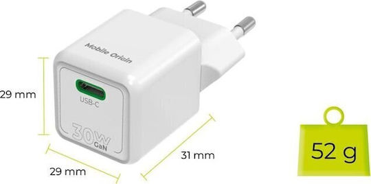 Mobile Origin Φορτιστής Χωρίς Καλώδιο GaN με Θύρα USB-C 30W Power Delivery Λευκός (PW23)