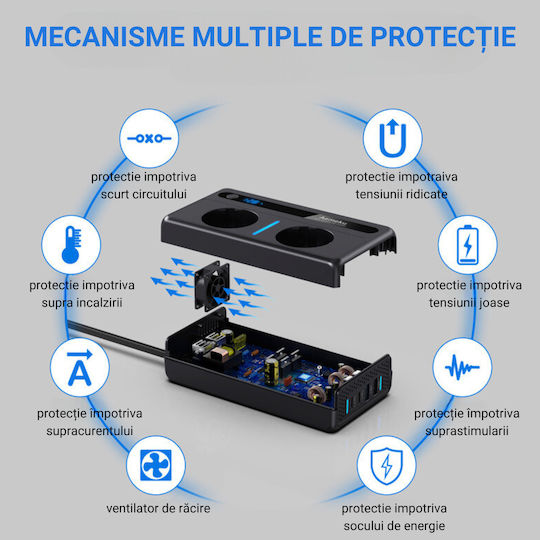 Invertoare De Putere Auto 12/24 V Tensiune De Ieșire 220v Putere 200w 2 Prize Eu 2 Porturi Usb 2 Porturi Type-c Afișaj Digital Protecție La Temperatură Conectat La Bricheta Negru