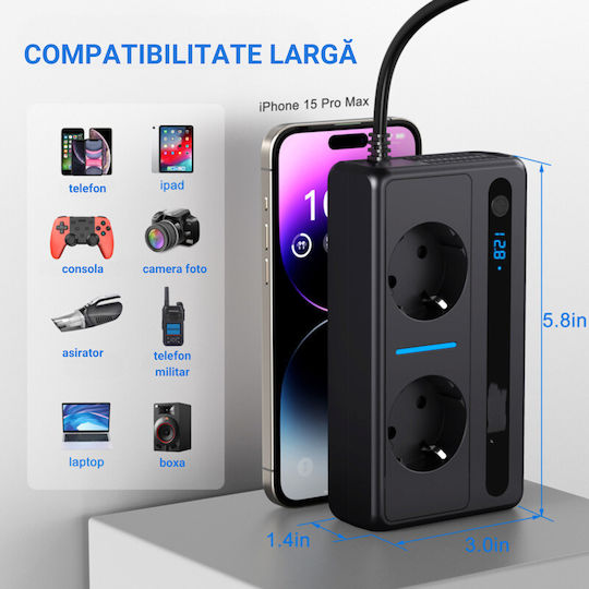 Invertoare De Putere Auto 12/24 V Tensiune De Ieșire 220v Putere 200w 2 Prize Eu 2 Porturi Usb 2 Porturi Type-c Afișaj Digital Protecție La Temperatură Conectat La Bricheta Negru