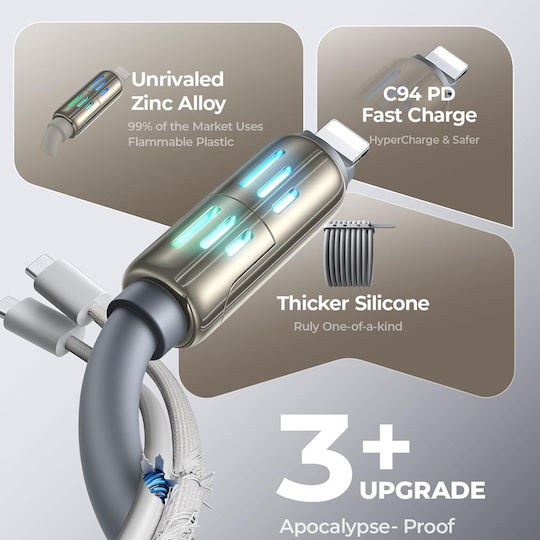 Lisen LED USB to Type-C / Lightning 2m 5A Cable Gray
