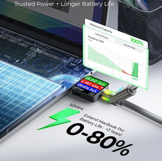 Lisen LED USB to Type-C / Lightning 2m 5A Cable Gray