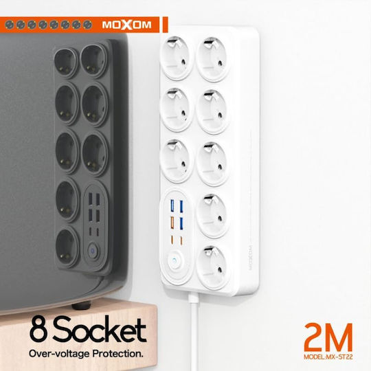 Moxom Πολύπριζο 8 Θέσεων με USB-A, 2 USB-C, Διακόπτη και Καλώδιο 2m