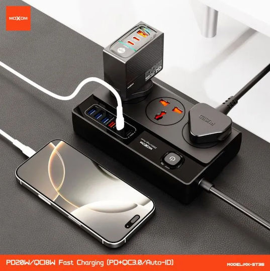 Moxom Steckdosenleiste mit Überspannungsschutz 9 Positionen mit 4 USB-A, USB-C, Schalter und Kabel 2m