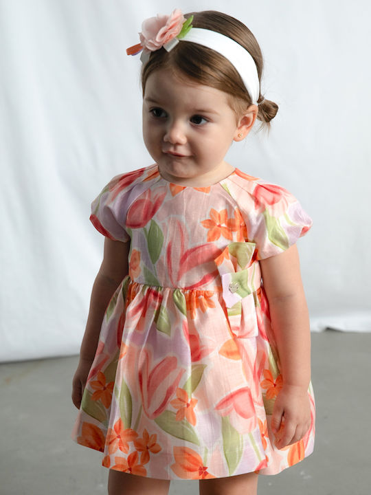 Mädchenkleid Kurzärmelig Leinen Blumen Set aus 2 mit Zubehör Rosa Sanft