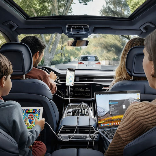 Lisen Încărcător Auto 170W Cu Încărcare Rapidă Cu Porturi: 1xUSB-A 2xType-C Împreună Cu Cablu Type-C Culoare Neagră