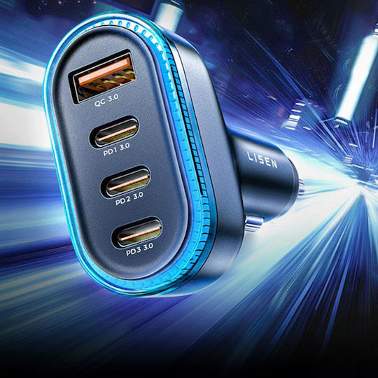 Lisen Auto-Ladegerät 101W Schnellladung mit Anschlüssen: 1xUSB 3xType-C mit Kabel Typ-C,TC-TC Schwarz Farbe