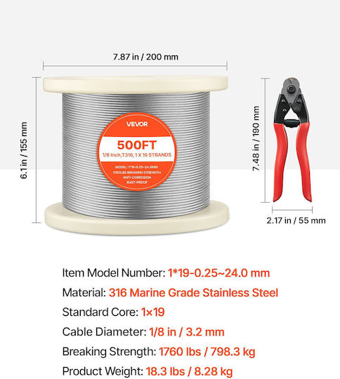 Wire Rope Vevor 3.2 Mm Length 152 M Stainless Steel Cable 316 Cutter Breaking Strength 798 Kg Construction 1 X 19 Strands Steel Cable Deck Railing System Garden Pergola