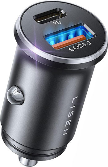 Lisen Car Charger 36W Fast Charging With Ports 1xUSB-A 1xType-C Black Colour