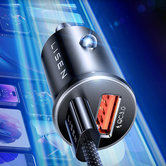 Lisen Auto-Ladegerät 65W Schnellladung mit Anschlüssen: 1xUSB 1xType-C mit Kabel Typ-C,TC-TC Silber Farbe