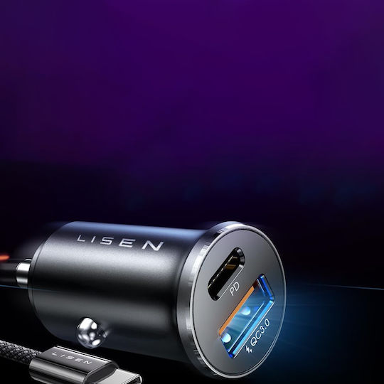 Lisen Auto-Ladegerät 65W Schnellladung mit Anschlüssen: 1xUSB 1xType-C mit Kabel Typ-C,TC-TC Silber Farbe