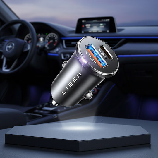 Lisen Auto-Ladegerät 65W Schnellladung mit Anschlüssen: 1xUSB 1xType-C mit Kabel Typ-C,TC-TC Silber Farbe