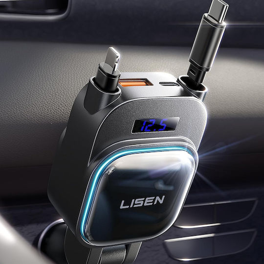 Lisen Автомобилен Заряден Устройство 96W с Портове 1xUSB-A 1xType-C с Type-C / Lightning Кабел Черен Цвят