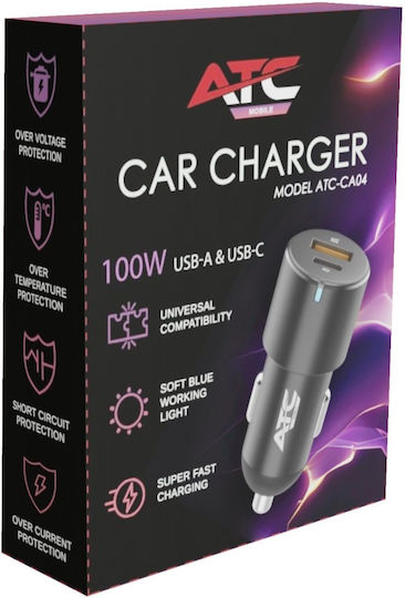 ATC Auto-Ladegerät 100W 10A mit Anschlüssen: 1xUSB 1xType-C zusammen mit Kabeltyp Type-C Blau Farbe