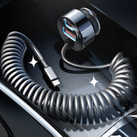 Lisen Încărcător Auto Cu Mufă De Brichetă 90W Încărcare Rapidă Cu Porturi 1xUSB-A 1xType-C Cu Cablu Type-C Culoare Neagră