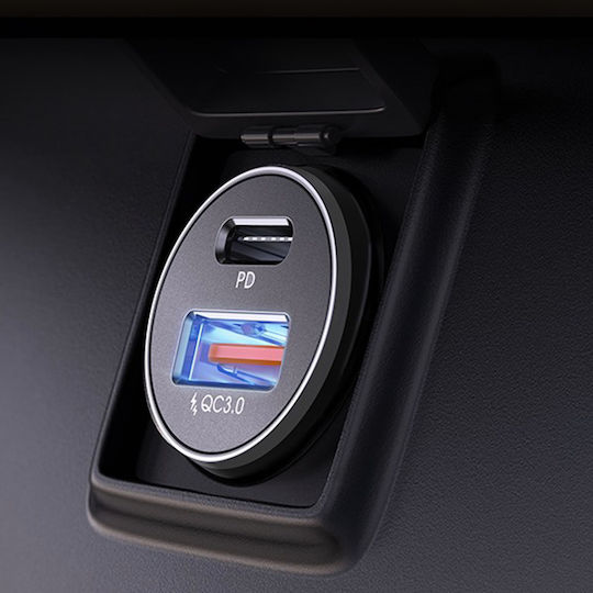 Lisen Автомобилен Заряден Уред 48W с Портове 1xUSB-A 1xType-C с Кабел Type-C / Lightning Черен Цвят