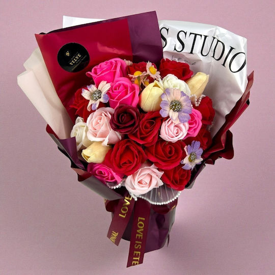Eternal Floral Bouquet Artisan Flowers Soap Roses Tulips Red