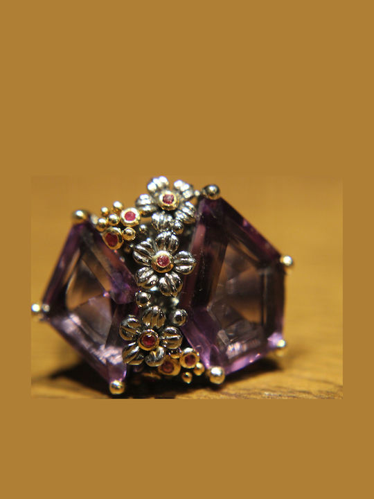 Artistic Silver Ring Natural Rhodolite Amethysts Size 16.5
