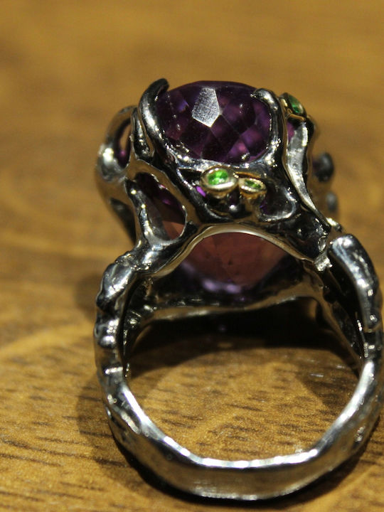 Artistic Silver Ring Natural Amethyst Garnets Diopside Size 17