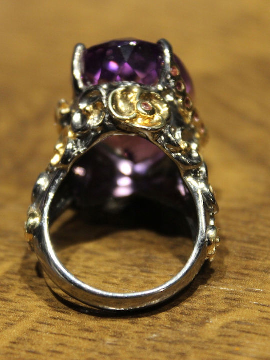 Artistic Silver Ring Natural Amethyst Sapphires Size 16