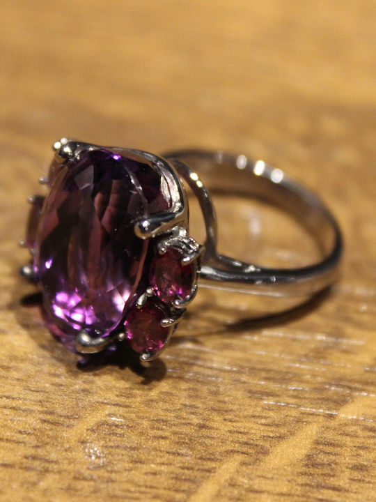 Künstlerischer Silberring Natürlicher Amethyst Granate Größe 16