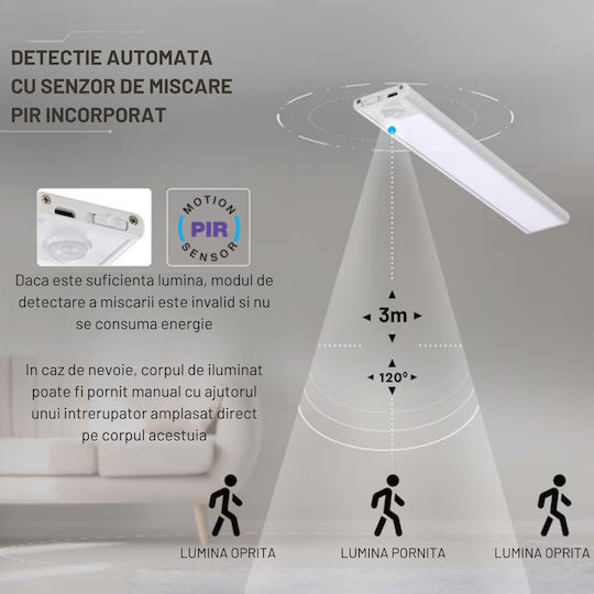Dasbo Lampă Slim LED Cu Senzor De Mișcare Montare Magnetică LED-uri Puternice Wireless USB Reîncărcabilă Baterie Lumină Caldă Rece 3 Moduri De Iluminare 3000k-6000k Bucătărie Hol Cameră De Îmbrăcat Garaj Lungime 20 Cm